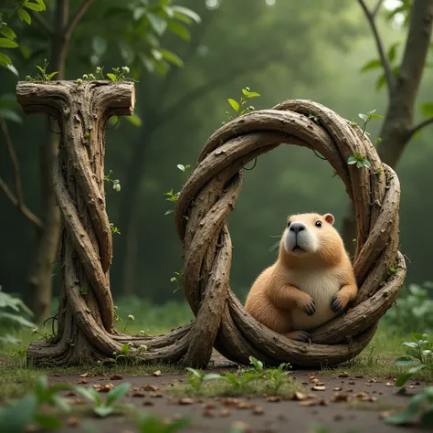 Two letters L side by side made of branches, and a capybara next to it 