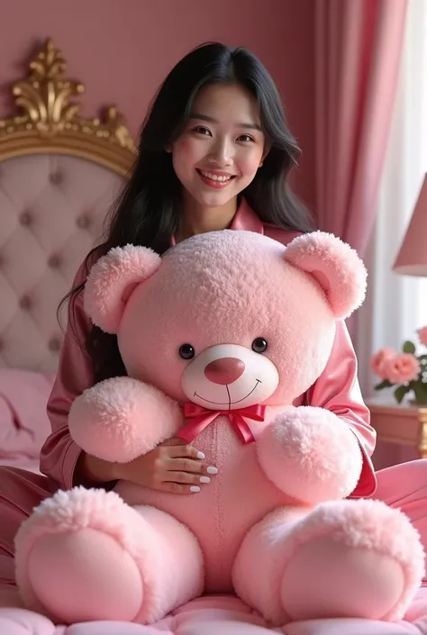 A realistic  images of beautiful sweet smile Asian woman, white skin ,long long black wavy hair, wearing shiny royal-pink terno pajamas suit,shes hugged a royal pink big big giant teddybear with correct spelling text name " LINA BELARO " written on it,sitt...