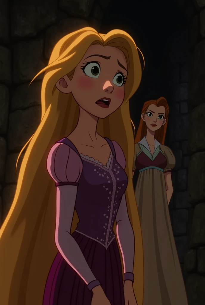 Medium shot, slightly angled upward.
In the tower, Rapunzel stands rigid, her face filled with shock as she realizes she is the lost princess. Her golden hair glows softly behind her, but the weight of the truth dawns on her. Behind her, Mother Gothel watc...