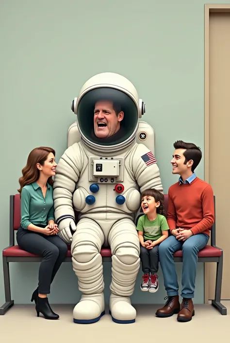 Draw a funny satirical caricature of an astronaut in a space suit sitting, next to a woman, a man and a child dressed in normal clothes, on a waiting bench near an office door.