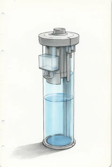 AquaStone, An analog sketch could be a freehand drawing of the device in a sketchbook., using pencil or ink to outline its cylindrical shape, the design of the lid and the details of the internal filters. You could also use watercolors or colored pencils t...