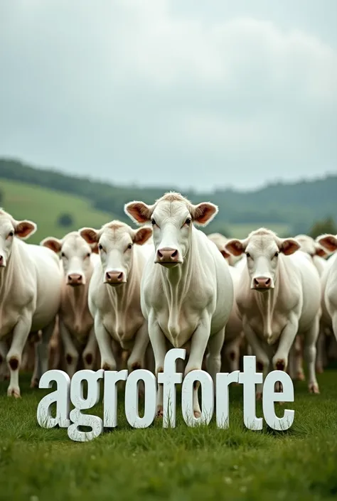 Photo with the words “AgroForte” written on it and a herd of white cattle behind it 