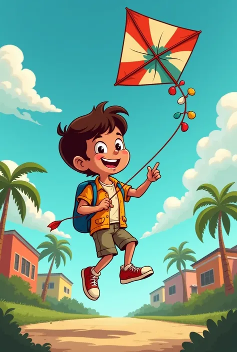 Vintage cartoon 80s a brown spanish boy flying a kite in puerto rico full body focus