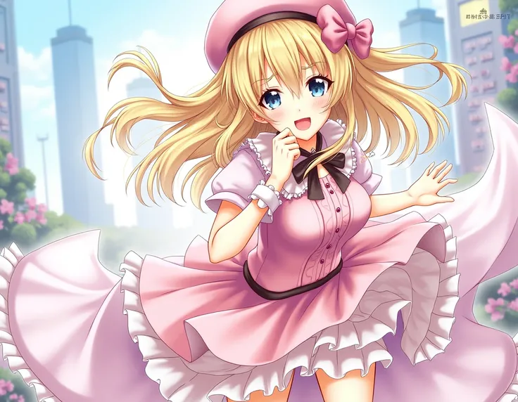 Create a female anime character that has, blonde hair, blonde bangs, a side beret with a bow, pink blouse and a bow, shoulder pads, a pink and white skirt, some white bracelets but showing panties 