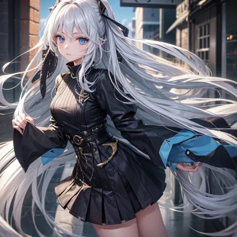 Girl with long white hair with waves, blue eyes and small waist Combat clothes