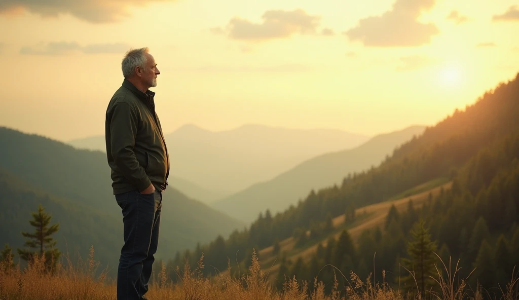 Man contemplating life , a beautiful landscape, looking at the horizon, a nice feeling, is accomplished