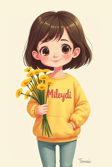 Cartoon Girl Sweatshirt with the name mileydi Bouquet of yellow flowers