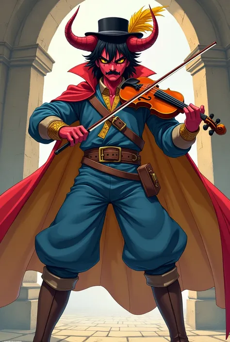 I want the character to be made in anime style, he has yellow eyes, red skin, dark mustache, short dark hair, red horns, black hat with a yellow feather, a red cape with a yellow inside, a blue medieval outfit, a blue-gray medieval pants, and brown medieva...