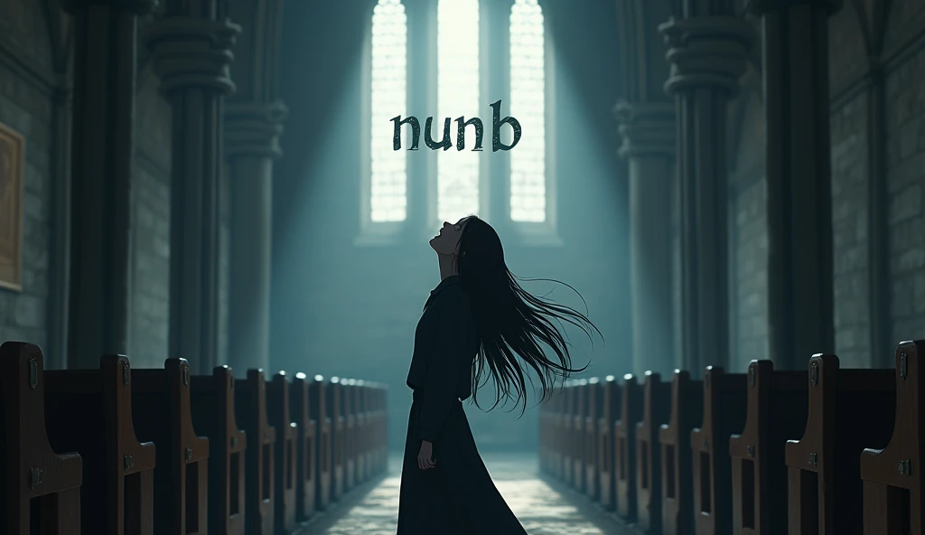 "A woman with long, black hair stands in a church, looking up and screaming. Soft light streams in through the church windows, reflecting off the stone walls and pews, creating a solemn ambiance. She is dressed in dark, simple clothing that matches the got...