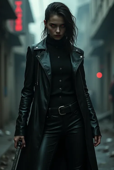 A teenage girl with a black coat and red eyes with a knife in her hand, MASCULINE 