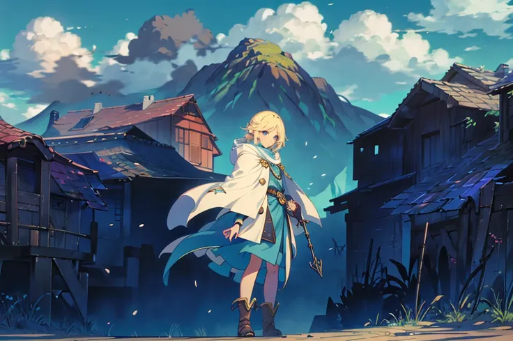 filo, (WithoutFear:1), 1 girl, blonde hair, blue eyes, white coat, light blue jeans, smile, nimble, light blue trident, blue cape, light blue mask, beach, wings, anime, standing, good quality, portrait, looking at viewer