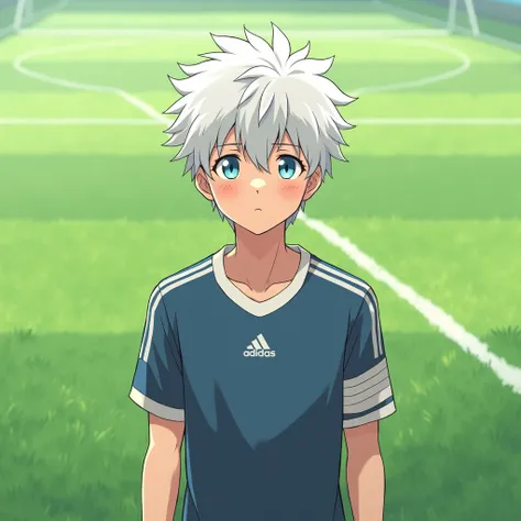 anime boy mature, cute, soccer uniform , white hair, aquamarine eyes