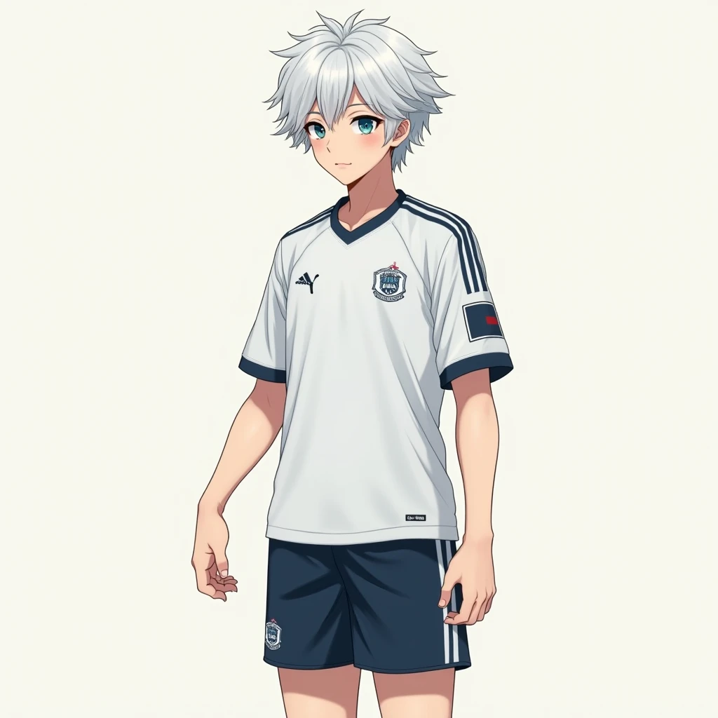 anime boy mature, cute, soccer uniform , white hair, aquamarine eyes , full body