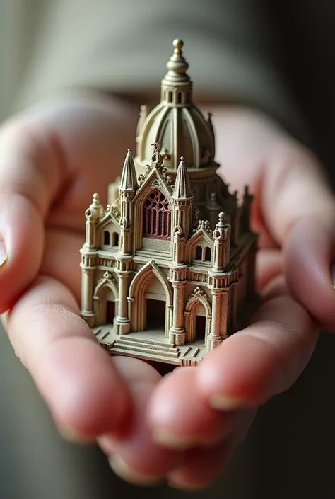 Hi, can you help me create a hyperrealistic macro close-up photo of a European Renaissance cathedral, with all its intricate facade details, in the palm of a Korean womans hand?