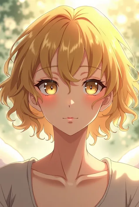  
A beautiful woman with an angelic face, semi-short golden curly hair, honey colored eyes Jujutsu Kaisen Anime