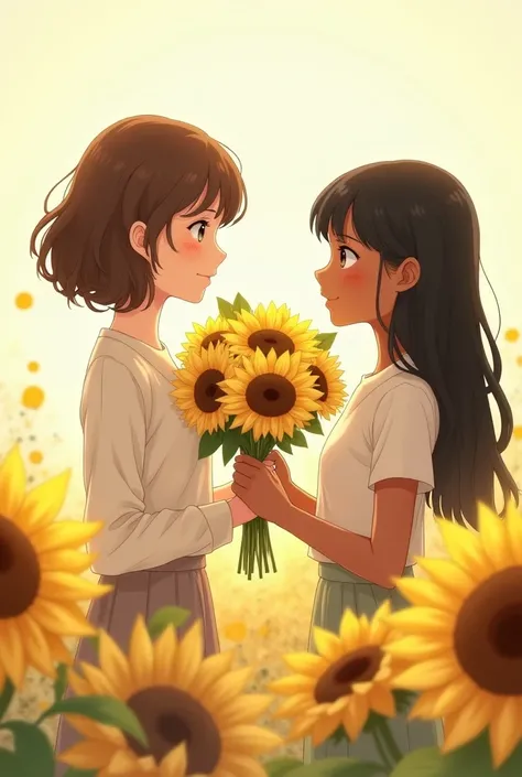 a white girl, blushing with semi-short hair, brown, wavy, bangs and giving a bouquet of sunflowers. On his right side a dark girl, more dwarf, with dark hair, straight, long, without bangs and receiving the bouquet. that they are not so close together