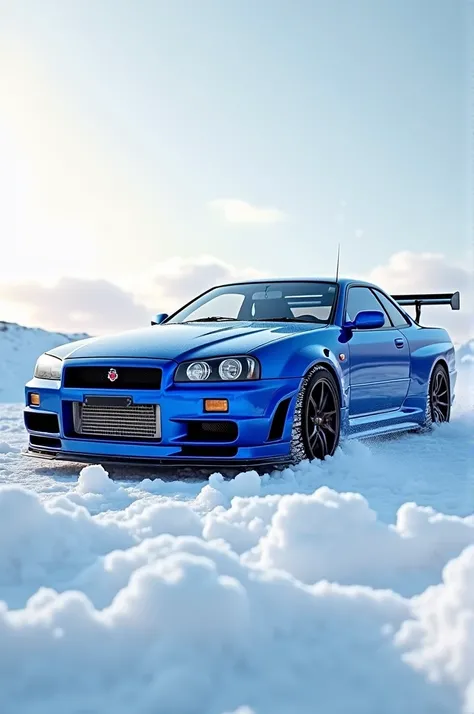 nissan skayline r34 azul. On a snowy surface. 
