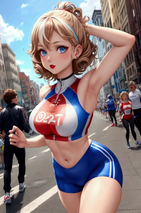  Olympic running woman blue eyes red lipstick athletic body slim waist big breasts light brown short curly hair light blue blonde very short pants multicoloured lycra running on the street 