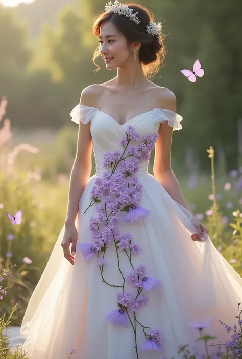 A white wedding dress with lilac details such as flowers and butterflies
