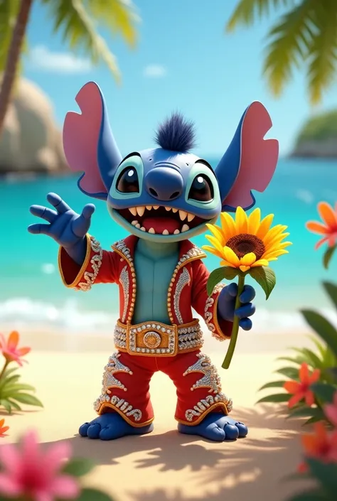 The original Disney Stitch dressed as Elvis Presley on a summer afternoon on an island reef beach while holding a sunflower and smiling naturally.
