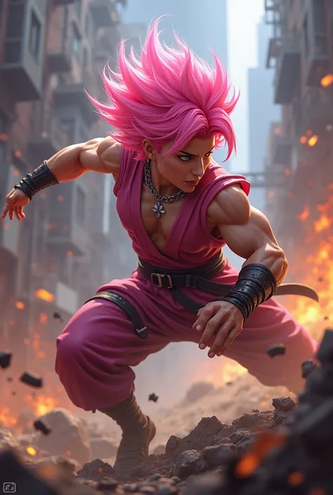 Pink haired fighter with his body  in the fight