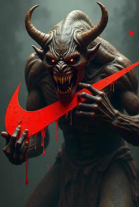 A demon biting the Nike symbol with a title (The Devils Nike)