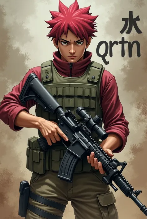 Gaara wearing bulletproof vest with rifle with war background With the word "QRTN" Featured