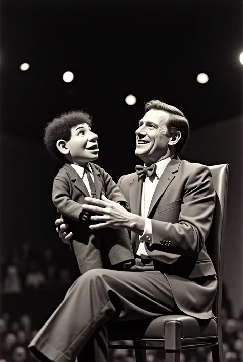 A Show with a ventriloquist dummy a comedy show from the 80s a photograph taken by a member of the audience from 1988 a puppet handler with a puppet on stage the man trying to manipulate the puppet the puppet sitting a photograph taken by a member of the a...