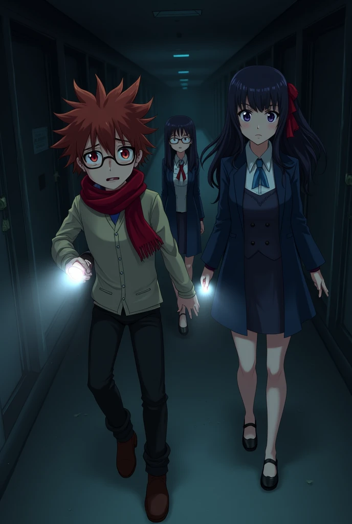 in anime version/3 person sleeve.

"Under the cloak of night, a young man with messy red hair, red eyes and glasses, He walks with a flashlight in his hand through the dark corridors of an abandoned high school. His scarf flutters slightly as he shows a wo...