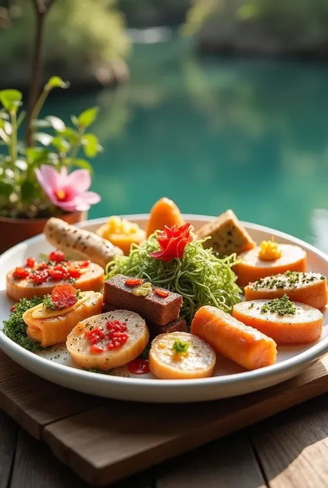 Create a picture of food on a plate with 10 different items to choose from. On the side is a pond.