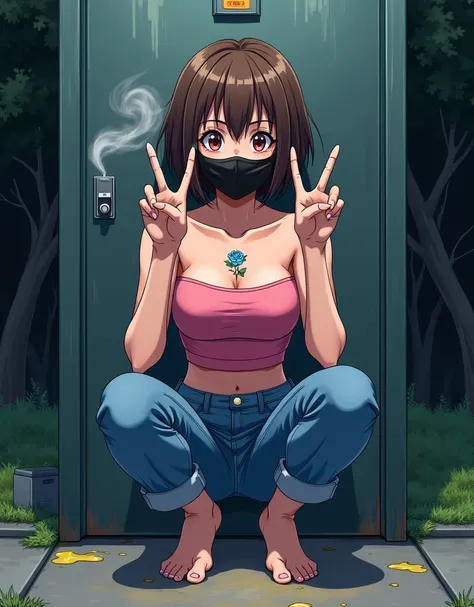 beautiful, anime drawing, woman, wearing black surgical mask, brown hair, 
next to an outdoor urinal, squatting down, front view, short hair, park, jeans, 
v sign, pink tubetop, strapless, detailed, (blue rose tattoo), barefoot, nighttime,
(steaming hot ye...