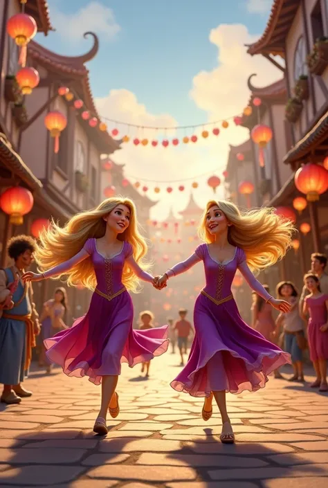 Wide shot, filled with color and activity.
Rapunzel and Flynn joyfully run through the bustling town square, surrounded by joyful townspeople preparing for the lantern festival. Rapunzel holds Flynn’s hand as they spin in circles, her golden hair twirling ...