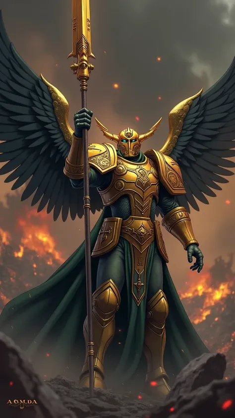 Make me this character in anime style, from the warhammer 40k universe, with the same armor, color, wings and spear