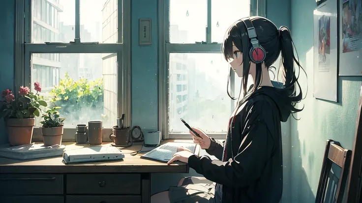 rain、Girl studying、One person、profile、Wearing headphones、Anime Style、Watercolor style、Light color、Window、View from inside the room、A dim light shines through the window.