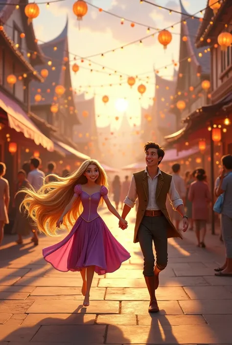 Wide shot, filled with color and activity.
Rapunzel and Flynn joyfully run through the bustling town square, surrounded by joyful townspeople preparing for the lantern festival. Rapunzel holds Flynn’s hand as they spin in circles, her golden hair twirling ...