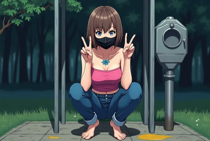 beautiful, anime drawing, woman, wearing black surgical mask, brown hair, 
next to an outdoor urinal, squatting down, front view, short hair, park, jeans, 
v sign, pink tubetop, strapless, detailed, (blue rose tattoo), barefoot, nighttime,
yellow liquid