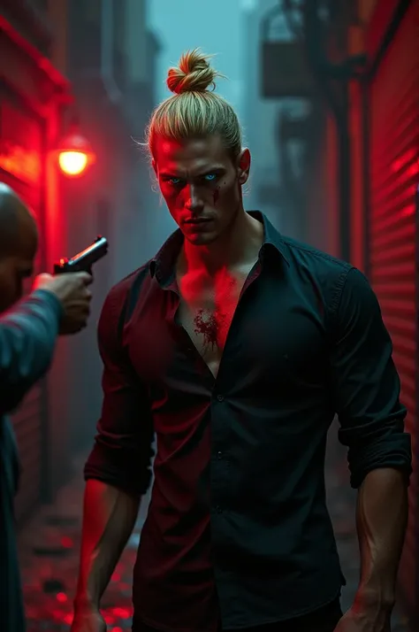 A man, white skin, golden hair in a bun, with a black shirt, muscular, pointed at with a gun, carrying a  , white skin, long golden hair, and blue eyes, stained with blood, In the background a dark alley with red lights