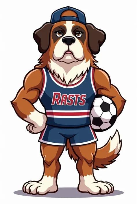 Create a representative cheerleading mascot image for a high school that is a Saint Bernard dog with a somewhat serious style., with uniform and athletic body.
that can be seen full body and on two legs, holding a soccer ball in his hand and a cap on his h...