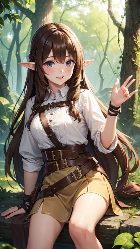 ((best quality))) (((HD))) (((8k))) (character) 20-year-old girl, ((adventurous)) elf, ((beautiful)) and ((happy)), ((brown hair)) and ((long hair)).