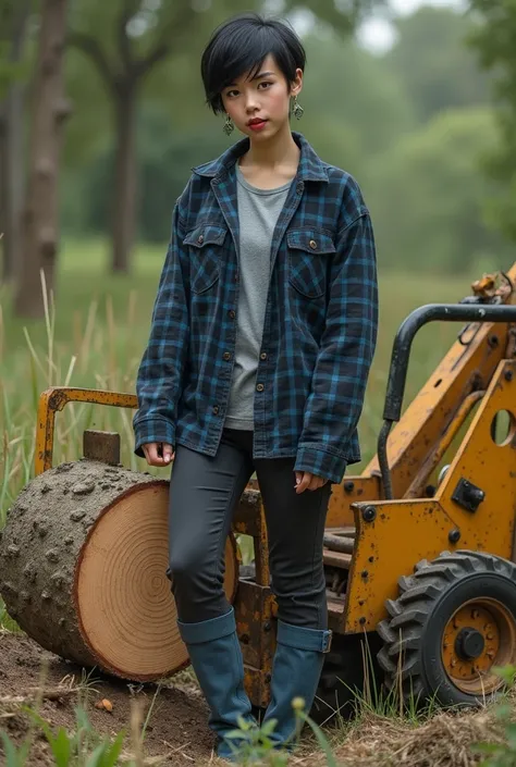 (photorealism:1.2), A beautiful woman ,black pixie cut hair  ,wearing a gray shirt inside,wearing a blue and black checkered shirt on the outside ,wearing earrings,blue boots,denim jeans standing while sawing an acacia tree trunk with a sinso machine . aca...