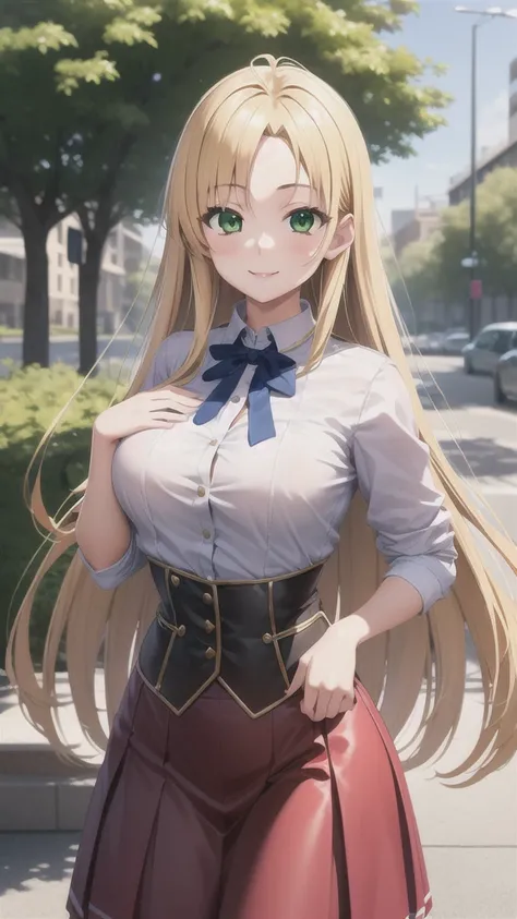 best quality, masterpiece, 1girl, (solo:1.1), raytracing, ultra detailed,detailed face, 8k wallpaper, wide hips, smile, AsiaArgentoNDV, 1girl, blonde hair, large breasts, long hair, green eyes, red skirt, school uniform, shirt, corset, ribbon,  outdoor