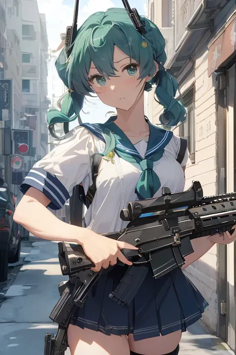 masterpiece,Best Quality,
Sailor Neptune, (((Assault rifle sights,1.8))) ,Machine gun,((photographの構え,1.5)),A look of determination, A sophisticated sailor&#39;s uniform, Stylish long hair, Stylish hairstyle、Gradient Hair Color,City Rooftops, ((smog, inten...