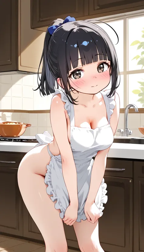 nsfw, nude, apron wear, solo, ((loli)), baby face, standing, kitchen room, blunt bangs, glossy black hair, short hair, ponytail, black eyes, ahoge, ((blush:1.5)), medium breasts, closed mouth, leaning forward