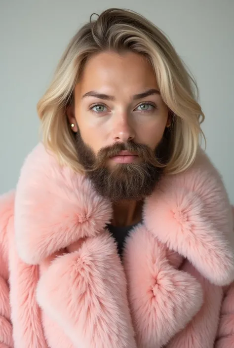 Precision portrait, a young caucasian bearded woman, with a nayural beard and mustache, with blonde hair Voluminous Bob Lob, wears massive pink fur coat