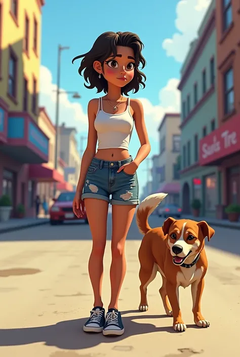 A gta animation of a brown puerto rican teenager wearing white tank top jean shorts and sneakers  with a dog 