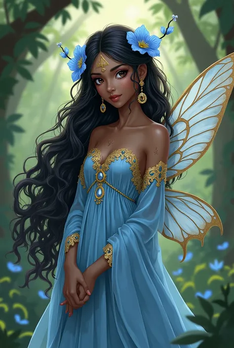 A dark-skinned fairy with dark skin, long curly dark hair, brown slanted eyes, wearing a light blue flowing dress with sleeves and gold thread details on the shoulders and neck, triangle detail on the forehead, blue flowers and gold details in the hair, in...