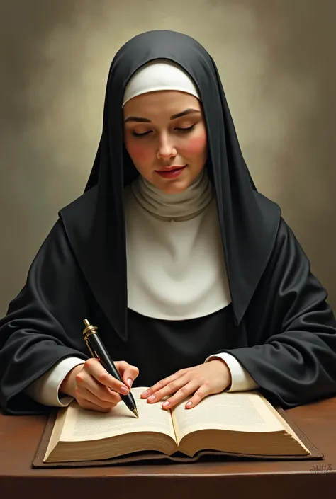 Saint Teresa of Jesus with her book and the beautiful animated smiling pen
