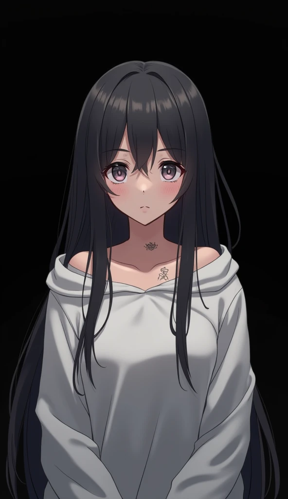 A solo girl complete view, white sweatshirt , breasts coming out from under the sweatshirt, fork pose and serious , black hair , long hair , lonely black image background , tattoo on the body around the chest , realistic anime style , 3d