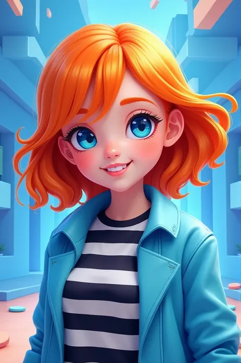 Girl with orange hair, blue eyes, white skin color, black striped shirt, light blue coat, Roblox background 