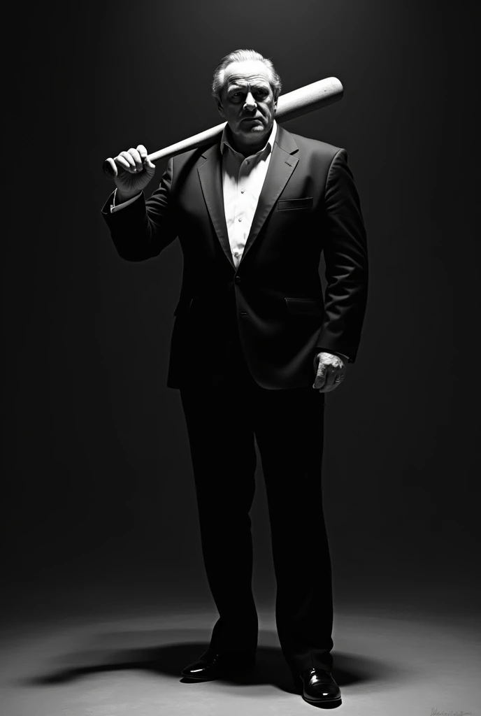 The godfather holds a bat on his shoulder. In black and white style.